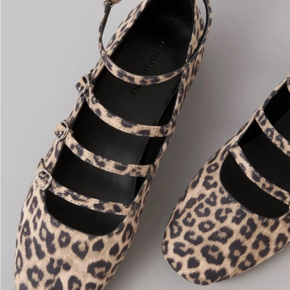 American Eagle Outfitters Leopard-Print Buckled Ankle Flats - Tan & Black 8